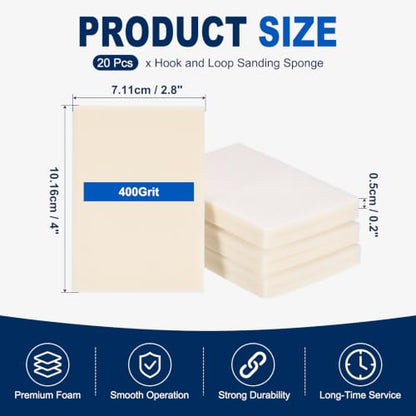 20Pcs 400Grit Sanding Sponges, 4x2.8In Hook & Loop White - size: 400 Grit