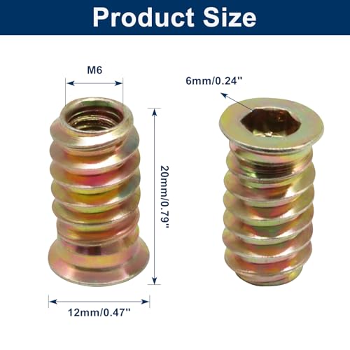 Piutouyar 20 Pcs M6x20mm Threaded Inserts Nuts for Wood - size: M6x20mm