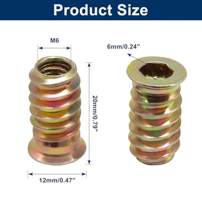 Piutouyar 20 Pcs M6x20mm Threaded Inserts Nuts for Wood - size: M6x20mm