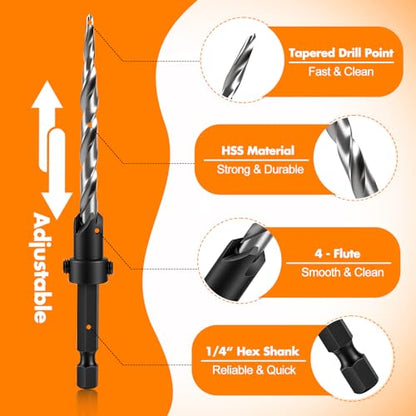 Countersink Drill Bit Set, 5PCS HSS Tapered Drill Bits for Woodworking