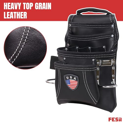FESA Leather Carpenter Tool Pouch - 10-Pocket Heavy Top Grain Leather Carpenter Pouch with 2 Hammer Loops, Large & Small Pockets - Fits Work Belts up to 3" - Handcrafted - Country-Themed - color: Black - USA