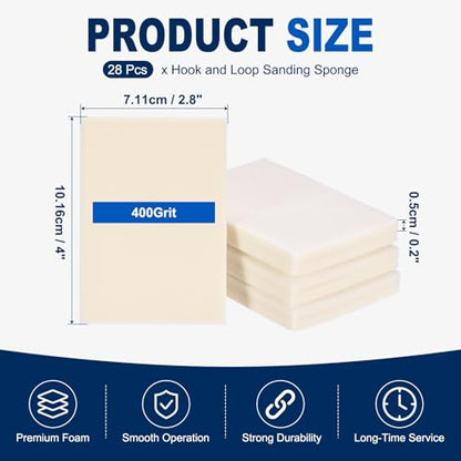 28Pcs 400Grit Sanding Sponges, 4x2.8In Hook & Loop White - size: 400 Grit