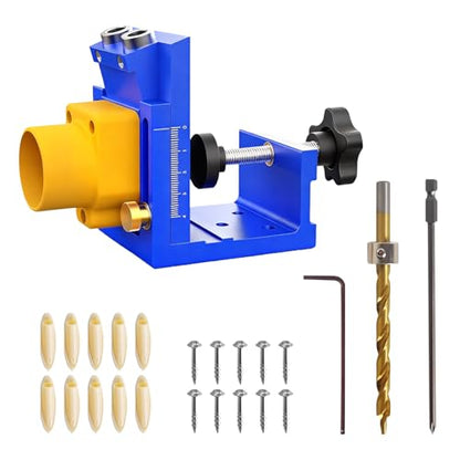 Pocket Hole Jig Kit with Detachable Vacuum Adapter, Professional Aluminum Pocket Hole Jig System Inclined Hole Drilling Positioner Woodworking Oblique Punch Locator Fixture (Blue)