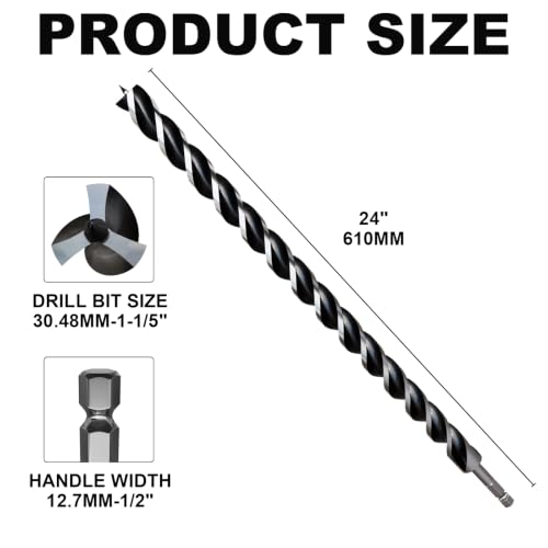 1-1/5"×24" Professional Auger Drill Bit for Wood with Quick Change 1/2" Hex Shank- 3-Cutter Design with Dual-Flute for Fast Chip Removal, Fits Hardwood, Softwood, PVC, Drywall & Tree Stumps - size: 1-1/5"×24"