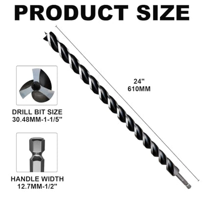 1-1/5"×24" Professional Auger Drill Bit for Wood with Quick Change 1/2" Hex Shank- 3-Cutter Design with Dual-Flute for Fast Chip Removal, Fits Hardwood, Softwood, PVC, Drywall & Tree Stumps - size: 1-1/5"×24"
