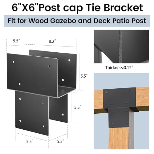 4 Pack 6x6 (Actual 5.5"x5.5") Metal Steel Post Cap Tie Brackets, Heavy Duty Pergola Bracket & Post to Beam Connector for Gazebo, Deck, Patio - size: 6in-4P