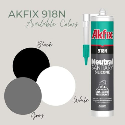 Akfix 918N Gray 100% Silicone Caulk for Kitchen and Bathroom (12x10.5 fl.oz.) - Solvent-Free, Low Odor, UV & Water Resistant, Fast Curing, Non-sag, High Elasticity Silicone Sealant | Grey, 12 Pack - size: 12 Pack, style: Kitchen&Bath Silicone-Gray