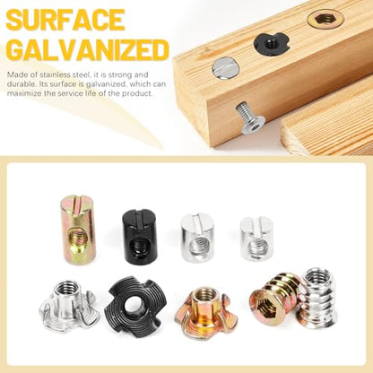 150PCS M6 x 10/12/15/20mm Barrel Nuts, Yellow Zinc-Plated Carbon Steel Cross Dowels Slotted Barrel Nut, M6 x 15mm Threaded Inserts with M6 x 10mm T-Nuts Kit, for Wood Furniture Screw