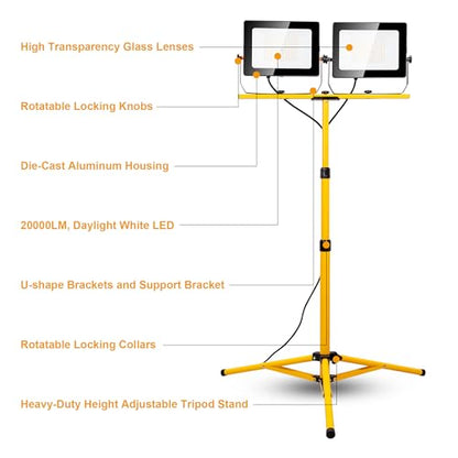 20000 Lumen Work Lights with Stand, 200W Dual Head LED Work Light, Waterproof Lamp with Individual Switch, Adjustable Metal Telescoping Tripod