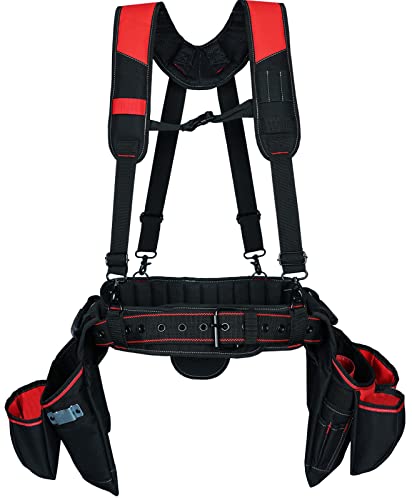 KUNN Tool Belt with Suspenders - Pro Framer Belt/Suspenders Combo Apron(Removable Pouch and Waist Belt) with Multiple Pockets & Hammer Holder for Carpenter,Construction and Electrician,Red