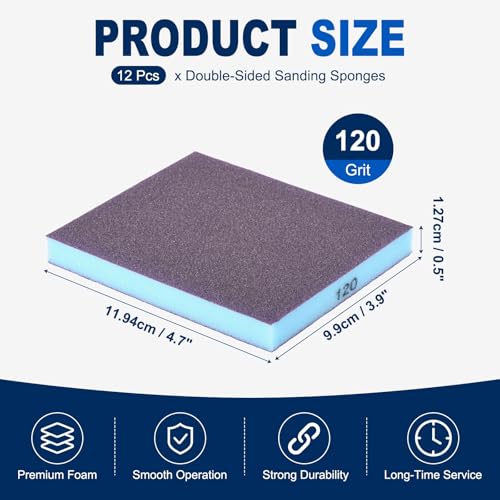 12Pcs 120Grit Double-Sided Sanding Sponges, Washable & Reusable - size: 120Grit