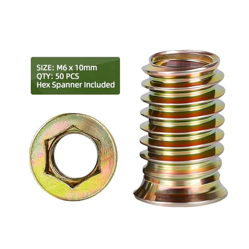 50 PCS M6-1.0 x 10mm Threaded Inserts for Wood Professional Threaded Insert Nuts for Furniture & Wooden Products, Hex Spanner Included - size: M6-1.0 x 10mm