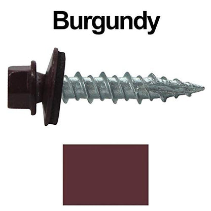 10 x 1 Burgundy Metal Roofing Screws - Hex Washer Head- Self-Starting/Tapping - EPDM Washer. 1 Bag - 250 Screws - color: BURGUNDY, size: 1"