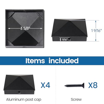 Muzata 8Pack Adjustable Post Base Brackets Deck Post Anchor Fit 1.5x1.5,2x2,2x4,4x4 WT32 Bundle with 4Pack 4x4 Aluminum Post Caps WT06