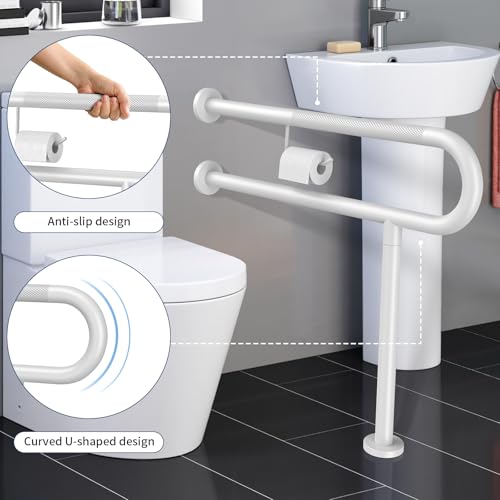 ZUEXT 31.5x28 Inch White Knurled Toilet Grab Bar with Toilet Paper Holder - color: White, size: 31.5 Inch