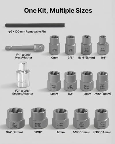 VEVOR Bolt Extractor Kit, 16 Pieces Impact Bolt & Nut Remover Set with Adapters and Pin Punch, Solid Storage Case, Cr-Mo Steel for Removing Damaged, Rusted, Stripped, Rounded Bolts, Nuts and Screws - size: 16 PCS