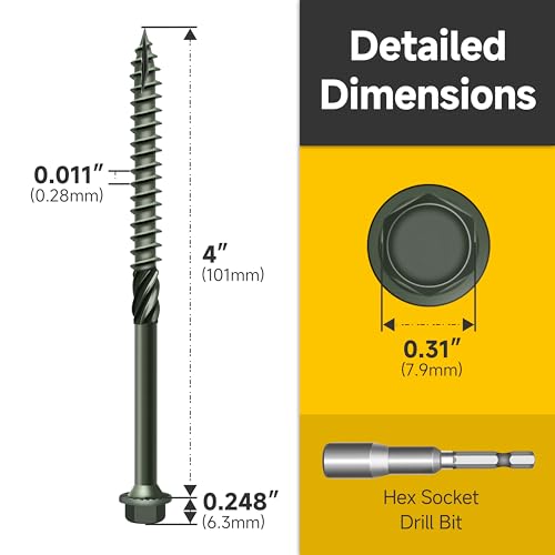 Mywish 100 Pack #14 x 4 Inch Exterior Lag Screws, 6.3x100mm Serrated Hex Washer Structural Deck Wood Screw, Heavy Duty Construction Screw, Rust Resistant Green Coated, Exterior Wood Screws - size: 14 x 4"