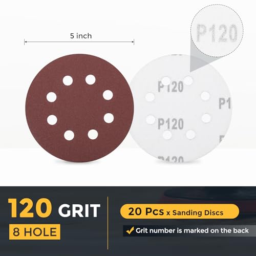 HARFINGTON 20 Pcs 5 Inch Sanding Discs 120 Grit Red Aluminum Oxide 8 Hole - size: 5 Inch(120 Grit)