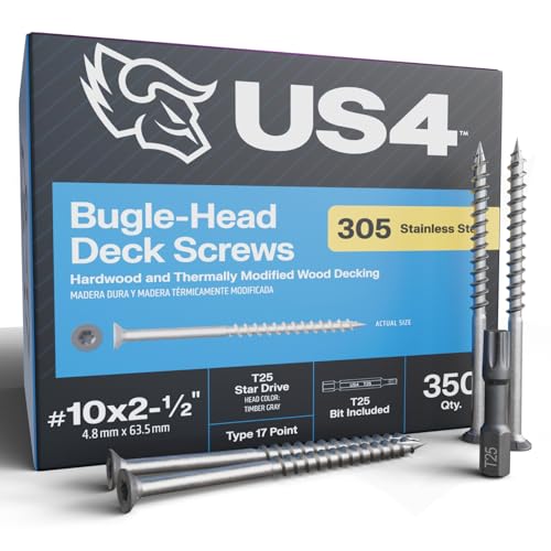 US4 - #10 x 2-1/2" Gray Flat Head Screws Stainless Steel | Stainless Steel Wood Screws | T25 Star Drive | Self-Drilling Screws for Framing, Subflooring & Decking | 305 SS (350, #10 x 2.5 Inches) - size: #10 x 2-1/2"