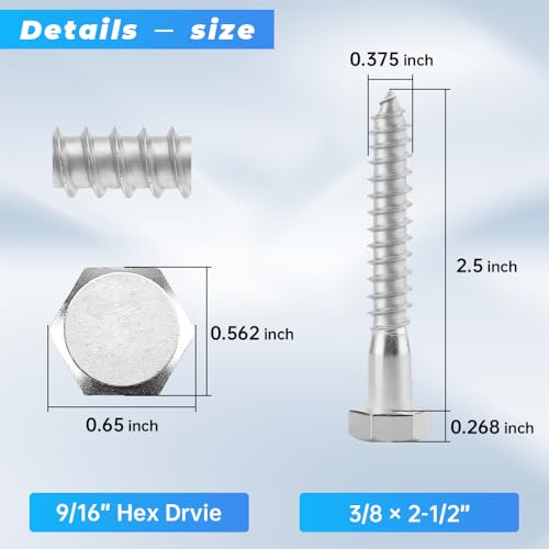 Glvaner (10 pcs) 3/8" x 2-1/2" Stainless Steel Hex Head Lag Bolts, Hexagonal Head Lag Screws, 304 Stainless Steel 18-8, Secure Hold for Wood - size: 3/8 x 2-1/2"