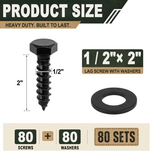 Hicarer 1/2" X 2" 80 Set Lag Bolts Kit for Wood Black Ceramic Hex Head - size: 1/2" X 2"