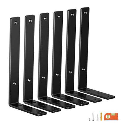 NEODROP 6-Pack 10 Inch Heavy Duty Shelf Brackets, Premium Floating L Bracket for Wall, Kitchen, Mantel Shelves Support | Quarter Inch (1/4") Thick | Black Powder Coated Steel - size: 10 Inch, style: 6 Pack
