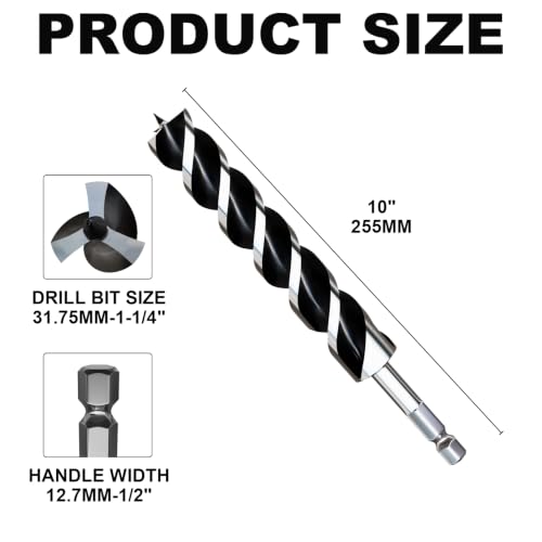 1-1/4"×10" Professional Auger Drill Bit for Wood with Quick Change 1/2" Hex Shank- 3-Cutter Design with Dual-Flute for Fast Chip Removal, Fits Hardwood, Softwood, PVC, Drywall & Tree Stumps - size: 1-1/4"×10"
