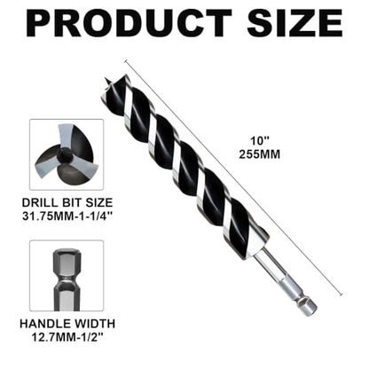 1-1/4"×10" Professional Auger Drill Bit for Wood with Quick Change 1/2" Hex Shank- 3-Cutter Design with Dual-Flute for Fast Chip Removal, Fits Hardwood, Softwood, PVC, Drywall & Tree Stumps - size: 1-1/4"×10"