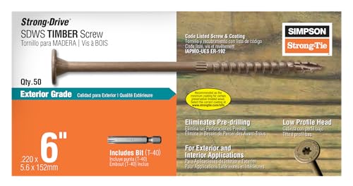 Simpson Strong-Tie SDWS22600DB-R50 Strong-Drive SDWS Timber Screws (Exterior Grade), 0.220 Inch x 6 Inch, Double-Barrier Coated, Washer Head, Sawtooth Point, Tan (Pack of 50)