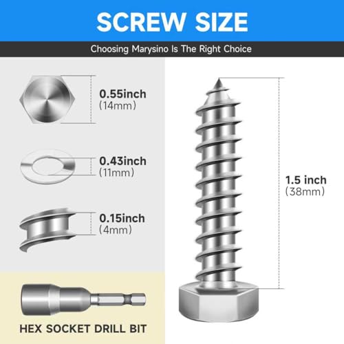 (10-Set) 3/8 x 1-1/2" Lag Screws, Stainless Steel Heavy Duty Hex Head Lag Bolts for Wood, Commercial/Industrial Grade 1/4 Bolts, Mounting Screws Bolts Kit, Bright Finish by Marysino - color: Silver, size: 3/8 x 1-1/2"