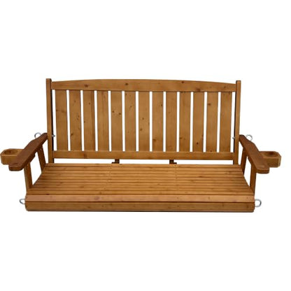 Wooden Porch Swing 3-Seater, Bench Swing with Cupholders (Brown, 5 FT Extra Large)