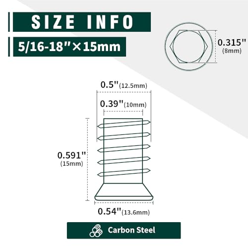 5/16-18 x 15mm Threaded Insert Nuts 25-Pack, Flanged Hex Drive Internal & External Threaded Screw-in Nut Inserts for Furniture, Wood, Cabinet, Zinc Plated Carbon Steel, Hex Wrench Included - size: 5/16-18 x 15mm