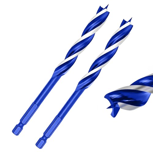 1/4 Inch Auger Drill Bit for Wood, 2 Pcs 6" Long Carbon Steel Quick Change Hex Shank Wood Drill Bit for Hardwood, Softwood and Plastic (Blue) - size: 1/4" x 6"
