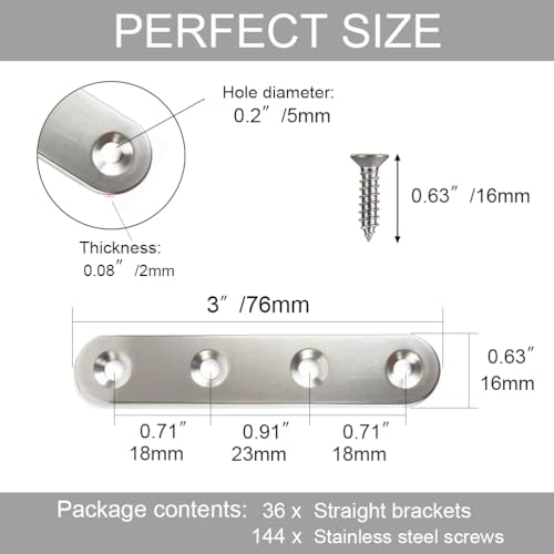 36Pcs Flat Plate Straight Brackets, 3 Inch Stainless Steel Flat Brace Mending Plates, Repair Brackets for Wood Furniture with Screws - size: 36 Pcs/ 3” x 0.63”