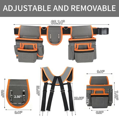 Tool Belts for Men with Magnetic Function,32''-60'' Adjustable,Detachable Tool Pouch Bag,With Suspenders & Multiple Pockets,for Electrician, Carpenter, Framer, Construction Worker