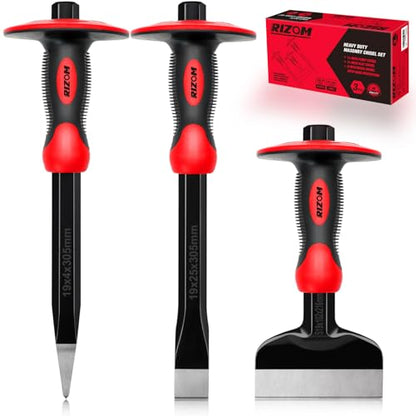 Rizom Chisel Set with Hand Protection, 3 Pcs Stone and Rock Chisel, Heavy Duty Masonry Tools including 11-Inch Point and Flat, 8-Inch Brick - size: 3-Piece (11-inch & 8-inch)
