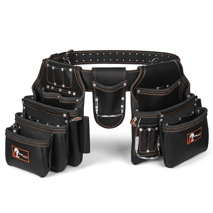 Daisy Leather Tool Belt Pro-202, 31 Pockets, Top Grain Leather, 2.5-inch Padded Belt, Fits 32-52 inch Waist, X-Large (Black, X-Large) - color: Black