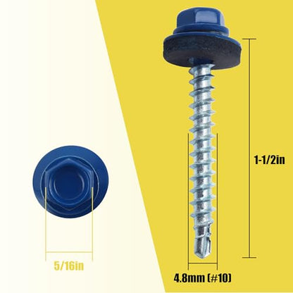 250PCS #10 x 1-1/2" Blue Hex Head Self-Drilling Metal Roofing Screws - color: Blue, size: 1-1/2 in