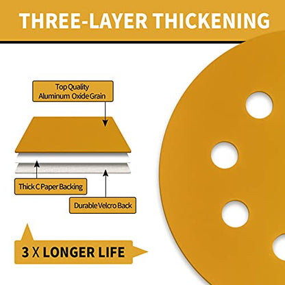 100 Pcs 5 Inch Sanding Discs Hook and Loop, 8 Hole Gold Premium 400 Grit Dustless Random Orbit Sandpaper for Woodworking or Automotive - style: 400 Grit-100 Discs
