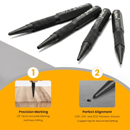 MulWark 4-Piece Nail Set and Center Punch Set, 1/32" to 1/8" Hardened Cr-V Steel Nail Setter Kit with Anti-Slip Knurled Grip, Precision Woodworking & Carpentry Tool Punch Set - size: 5 inch center punch(Pack of 4), style: 5 inch center punch(Pack of 4)
