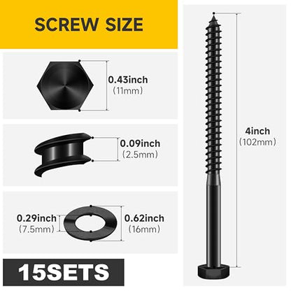 (15Sets) 1/4" x 4" Hex Head Lag Bolts, Heavy Duty Lag Screws with Washers, 304 Stainless Steel Bolts 18-8, Lag Screws Wood Screws, Fully Thread Black Oxide, 1/4 Bolt by Mywish - size: 1/4 x 4" (15 set)