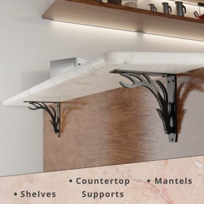 Starby Elk Lodge Antler Heavy Duty Steel Fireplace Mantel Brackets, Floating Shelf, Countertop Support, Log Cabin - Hand Welded (2 Pack) (10 x 10 x 2) - color: Elk Lodge, size: 10" x 10" x 2"