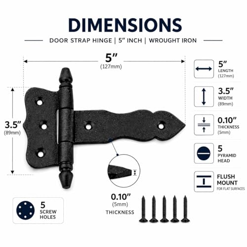 Renovators Supply Manufacturing Black T Strap Hinge 5 Inch Long Wrought Iron Decorative Colonial Hinge Rust Resistant Powder Coated Cabinet Or Door Flush Mount Strap Hinges with Screws - size: Pack of 1