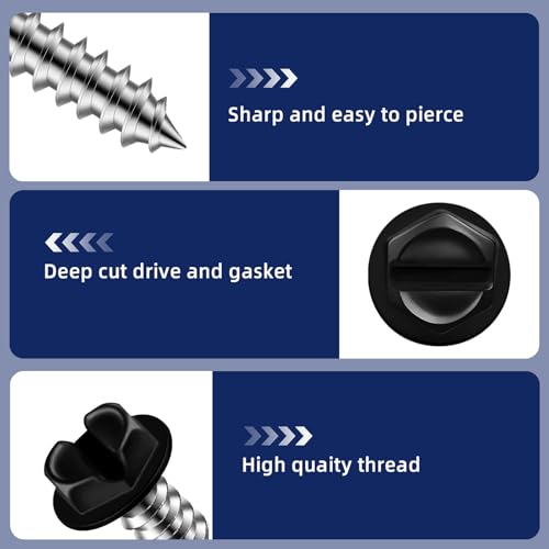 #8 x 2 Black Painted Hex Washer Head Self Tapping Screws, Self Piercing Gutter Screws, Socket Bit Included, 100 PCS - color: Black, size: #8 x 2"