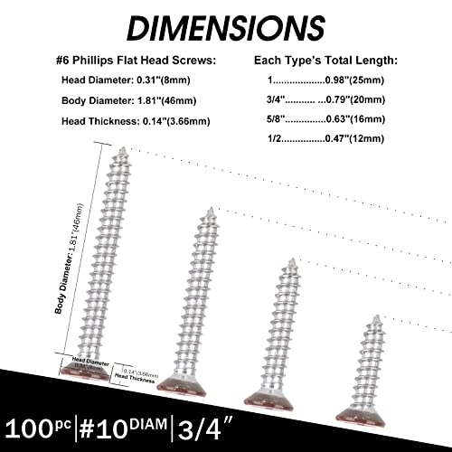 Brown Head 100 PCS #6X1 Stainless Steel Phillips Flat Head Wood Screws,Stainless Steel 18-8 A2(304) Screw,Home Screw Kit by QISHENG - color: Brown, size: #6X1"
