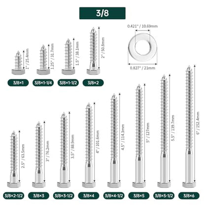 3/8 x 1-1/2" Hex Head Lag Screws Bolts with Flat Washers (20 Sets), 304 Stainless Steel 18/8, Full Thread, Deck Screws, Heavy Duty Hex Head Wood Lag Screws, Fayeploo - size: 3/8 x 1-1/2"