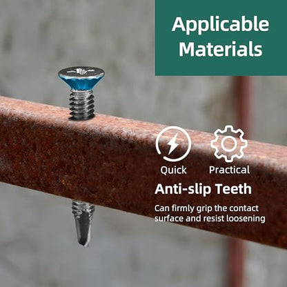 400Pcs #8 x 3/4" Self Tapping Screws for Metal, 410 Stainless Steel Serrated Flat Head Fast Self Drilling Sheet Metal Screws for Aluminum Steel Furniture Windows Ceilings Slidings Railings - size: #8 x 3/4"