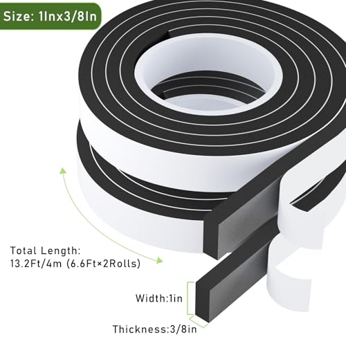 Weather Stripping Door Seal Black,1Inch Wide X 3/8Inch Thick,Air Conditioner Window Seal,Self Adhesive Foam Tape High Density Foam Sealing Strip,Soundproof Foam Tape Roll,2 Rolls Total 13.2Ft - size: 1Inx3/8Inx6.6Ft,2Roll