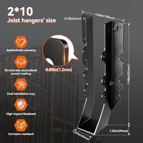 50 Pcs Black Joist Hangers 2X10, 18 Gauge Rafter Brackets , Hurricane Straps for 2x10 Face Mount Joist Hangers for Shed/Barn/Coop/Porch/Truss, Structurally Sound and Aesthetically Pleasing - size: 50 Pcs 2x10, style: Black Joist Hanger