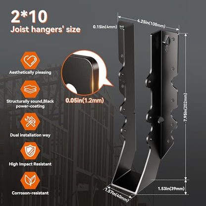 50 Pcs Black Joist Hangers 2X10, 18 Gauge Rafter Brackets , Hurricane Straps for 2x10 Face Mount Joist Hangers for Shed/Barn/Coop/Porch/Truss, Structurally Sound and Aesthetically Pleasing - size: 50 Pcs 2x10, style: Black Joist Hanger
